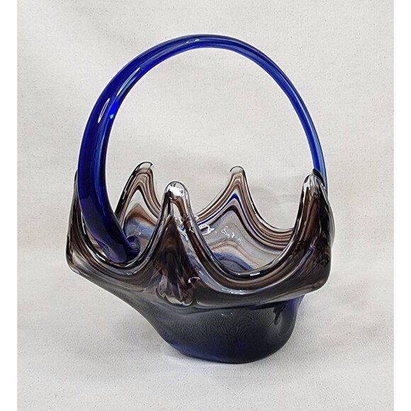 Vintage Sooner Ozark Art Glass Basket | Blue & Brown Swirl Hand-Blown | USA - Picture 8 of 15